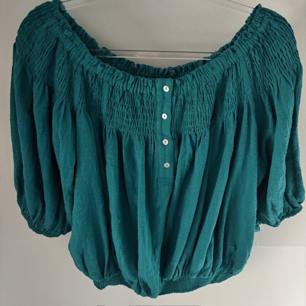 GiGiO USA Green Blue Peasant Top L Puff Sleeve Feminine Festival Flattering NWT - Picture 2 of 7